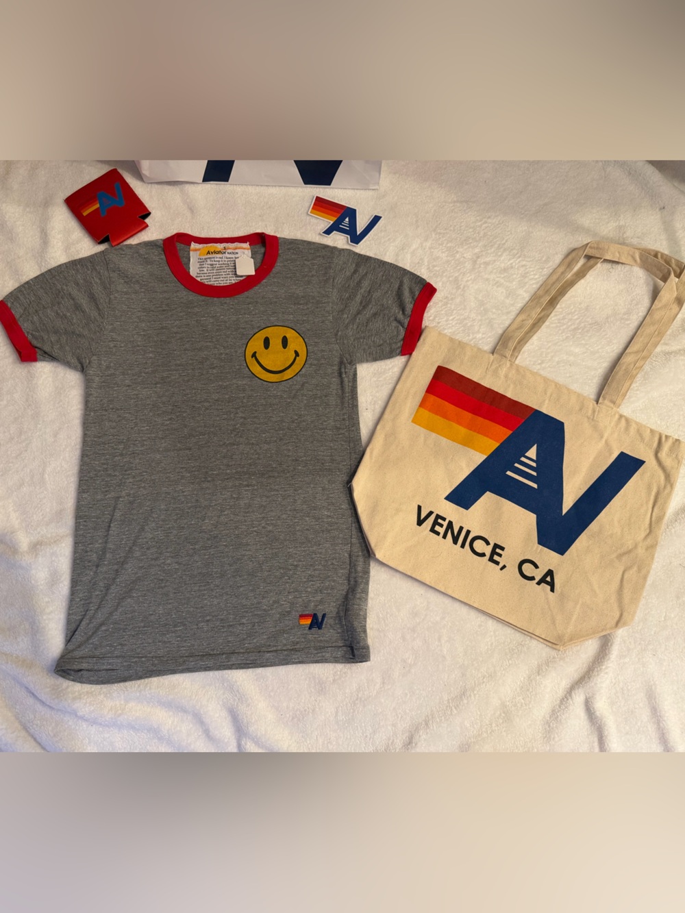 NWT Aviator Nation Ringer Smiley Tee Size Small + Tote Bag